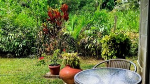 A patio with a round table and wicker chairs, surrounded by lush greenery and potted plants. - M&K House - Room MK Double first level (Tarapoto)