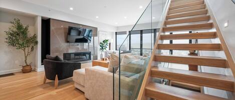 Télévision, cheminée, espaces bureaux