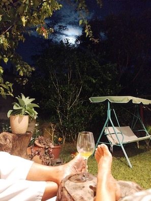 Une personne se détend à l’extérieur, la nuit, avec un verre à la main, entourée de verdure et assise dans un fauteuil suspendu.