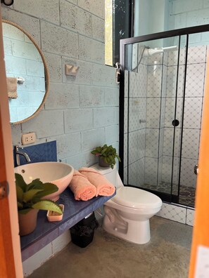Douche, séchoir à cheveux, serviettes fournies, savon