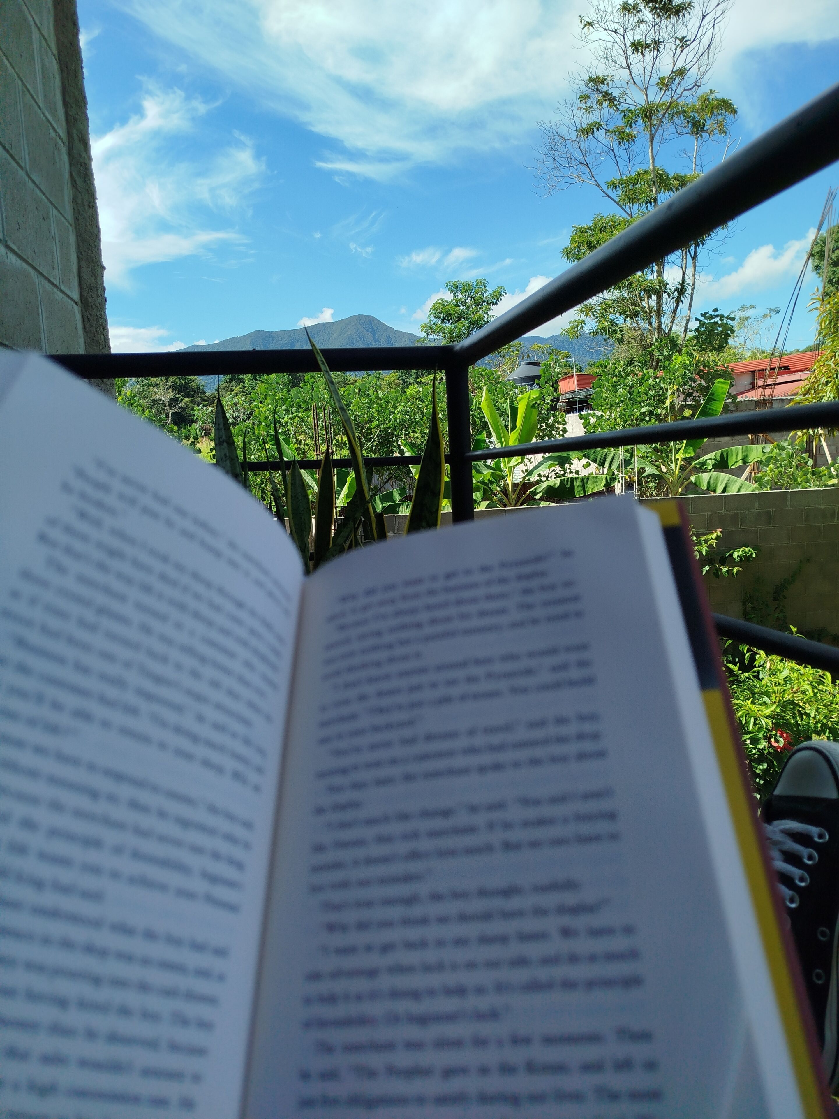 An open book on a balcony with a view of greenery and a clear sky.