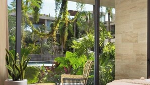A modern room with a large glass door leading to a balcony with lush greenery and a view of buildings. There is a wicker chair, a small table with a plant, and a bed with a white headboard. - Bright Studio with pool and gym access! 10´from city (Tulum)
