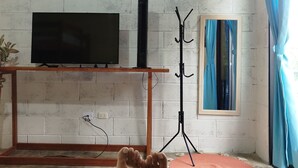 A room with a brick wall, a flat-screen TV on a wooden stand, a tripod stand, and a window with blue curtains. - M&K House - Family JUD Room (Tarapoto)