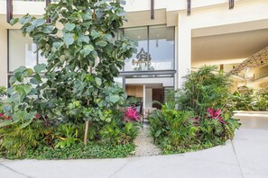 A modern building with a large glass entrance, surrounded by lush greenery and a variety of plants. - New loft in the middle of the mayan jungle! (Tulum)