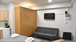 Een knus verblijf met een kitchenette, een bank, een televisie en een kledingkast.