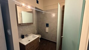 A modern bathroom with a large mirror, a white sink, and a toilet. There is a sign on the wall that says "Please don't throw in the toilet." - Monastiraki 509 Central Suite (Athina)