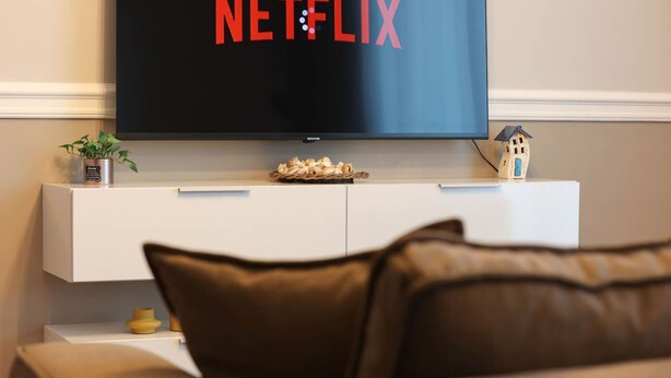 Un salon avec un téléviseur affichant le logo de Netflix, un meuble blanc, une petite plante et une maquette de maison.