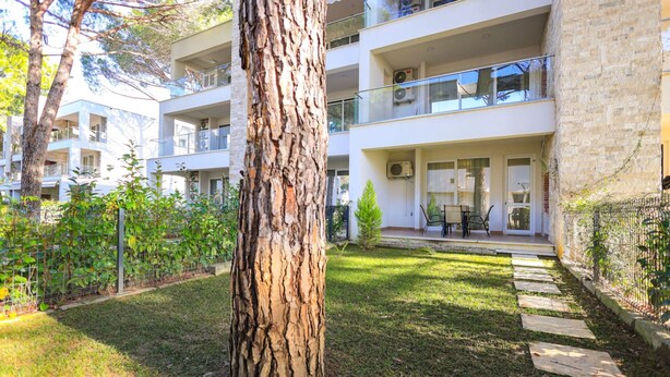 A multi-story residential building with balconies, a grassy courtyard, and a tree in the foreground. - SanPietro Vacation Apartment 033 (Durrës)