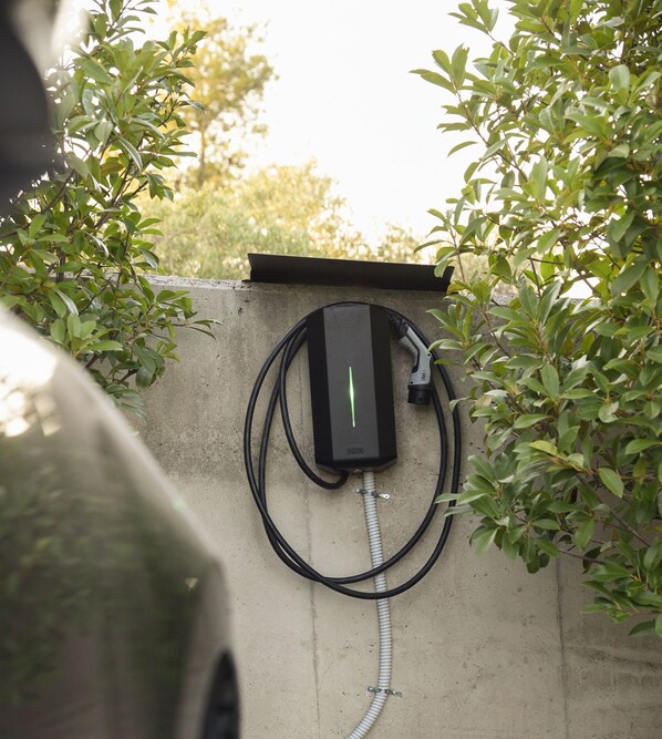 Un panneau solaire équipé d’un câble de recharge, fixé à un mur en béton et entouré de verdure.