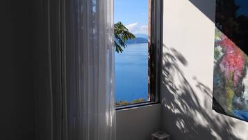 A bedroom with a window overlooking a body of water, a bed with a green pillow, and a wall-mounted air conditioner.