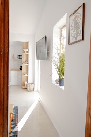 Ein Flur mit Holzboden, einem kleinen Tisch mit gemustertem Tischläufer, einer Topfpflanze und einem gerahmten Bild an der Wand.