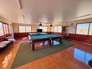 A pool table in a room with wooden flooring, a green carpet, and a television.