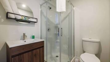Dusche, Haartrockner, Handtücher, Shampoo