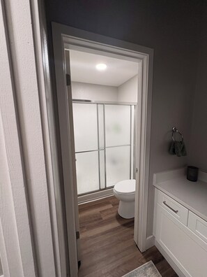 Shower, towels, soap, toilet paper