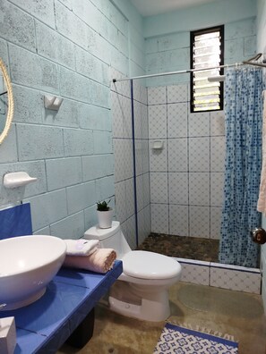 Douche, séchoir à cheveux, serviettes fournies, savon