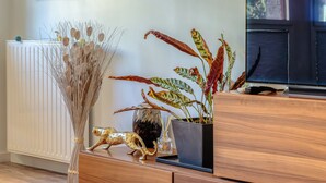 A modern living room with a wooden cabinet, a television, and decorative plants. - ArchiDuck, votre appartement maison terrasse parking (Rouen)