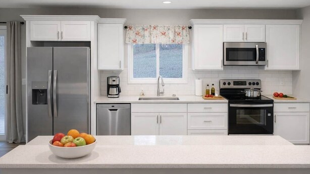 A modern kitchen with white cabinetry, stainless steel appliances, a built-in oven, and a window with a floral valance. - Guesthouse – 5BR Lower Level (2BR+3BR) (Overland Park)