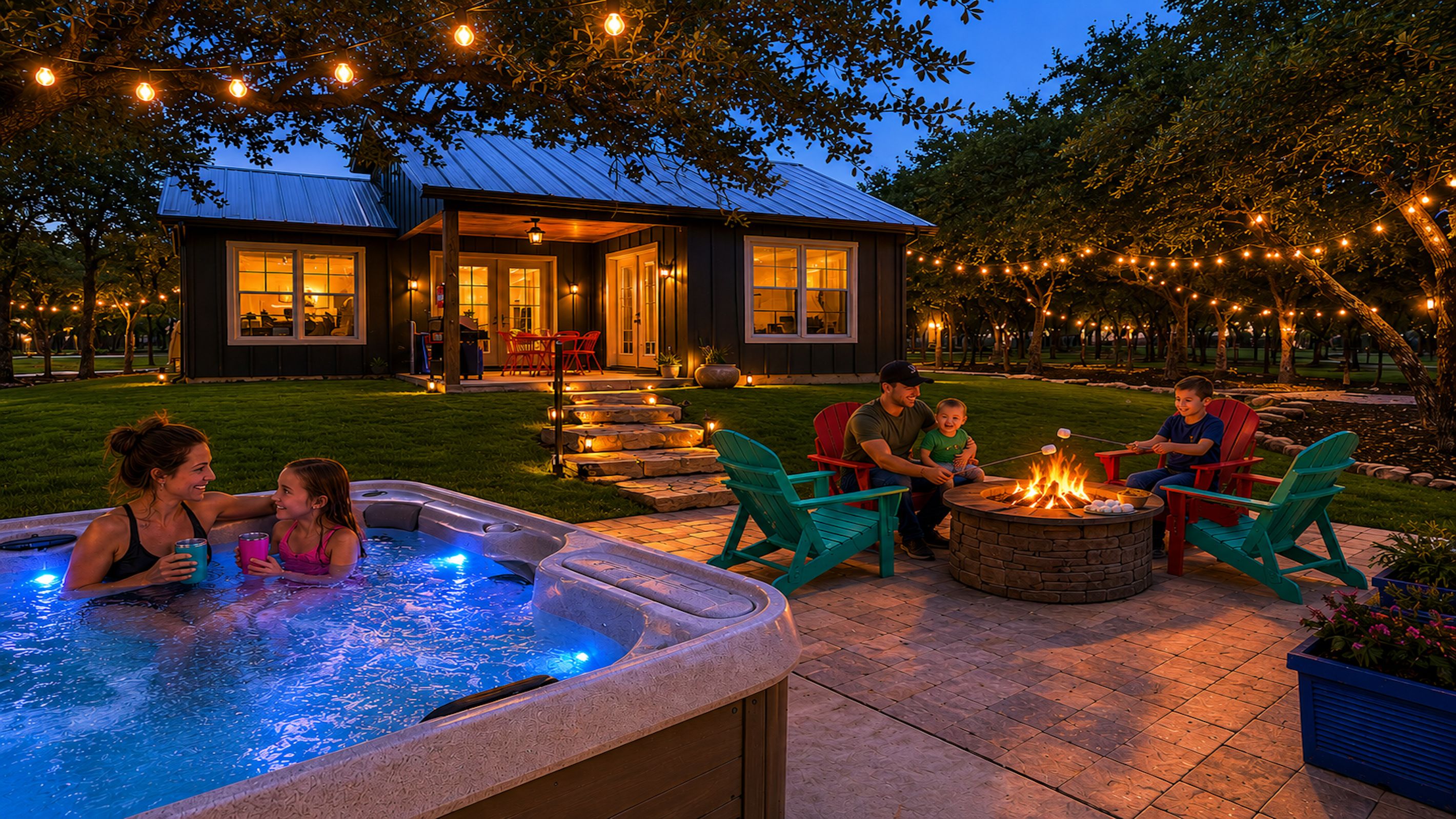 Un jardin avec un jacuzzi, un espace salon extérieur et un foyer.