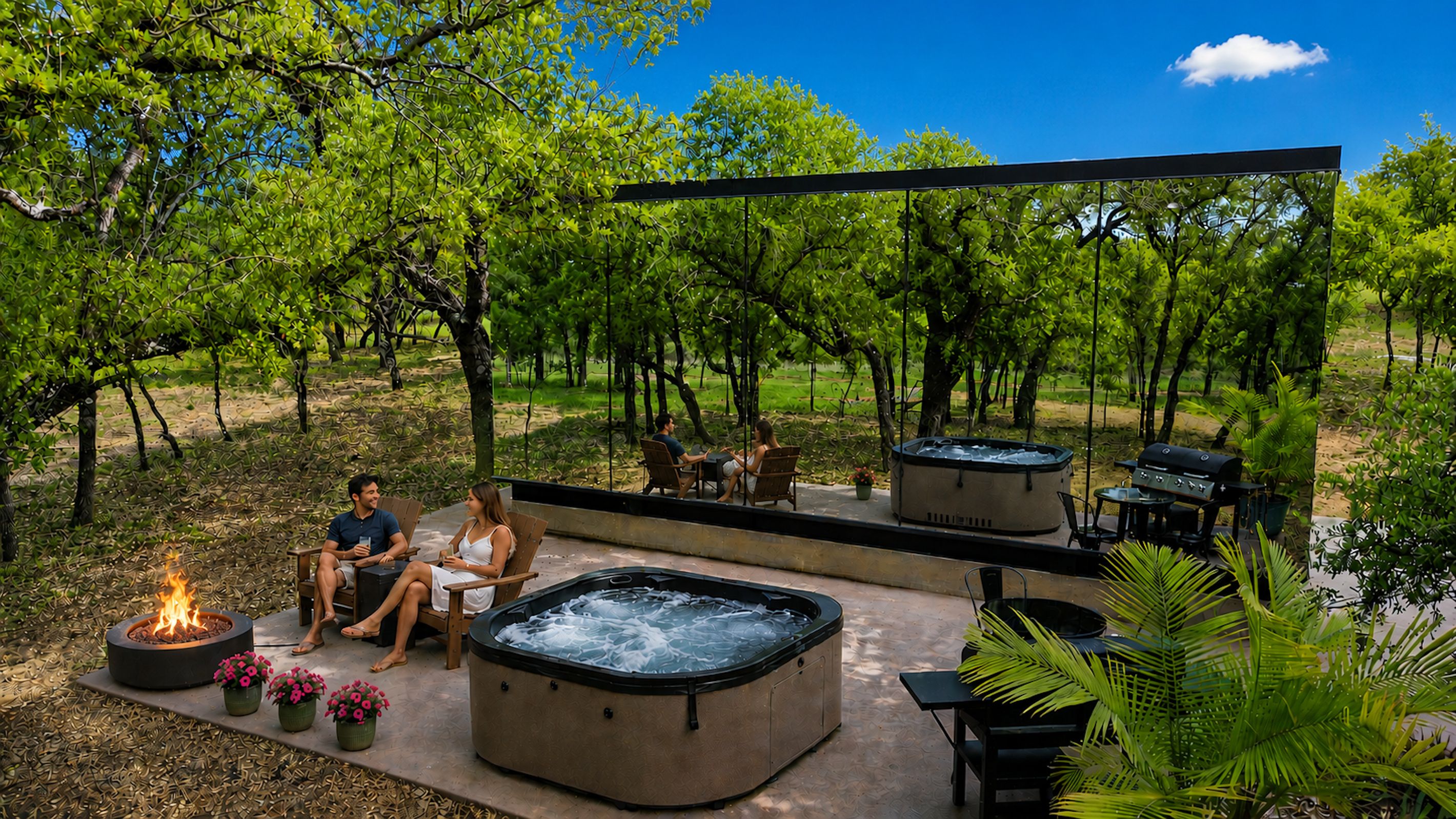 Un espacio al aire libre con jacuzzis, una fogata y una parrilla.