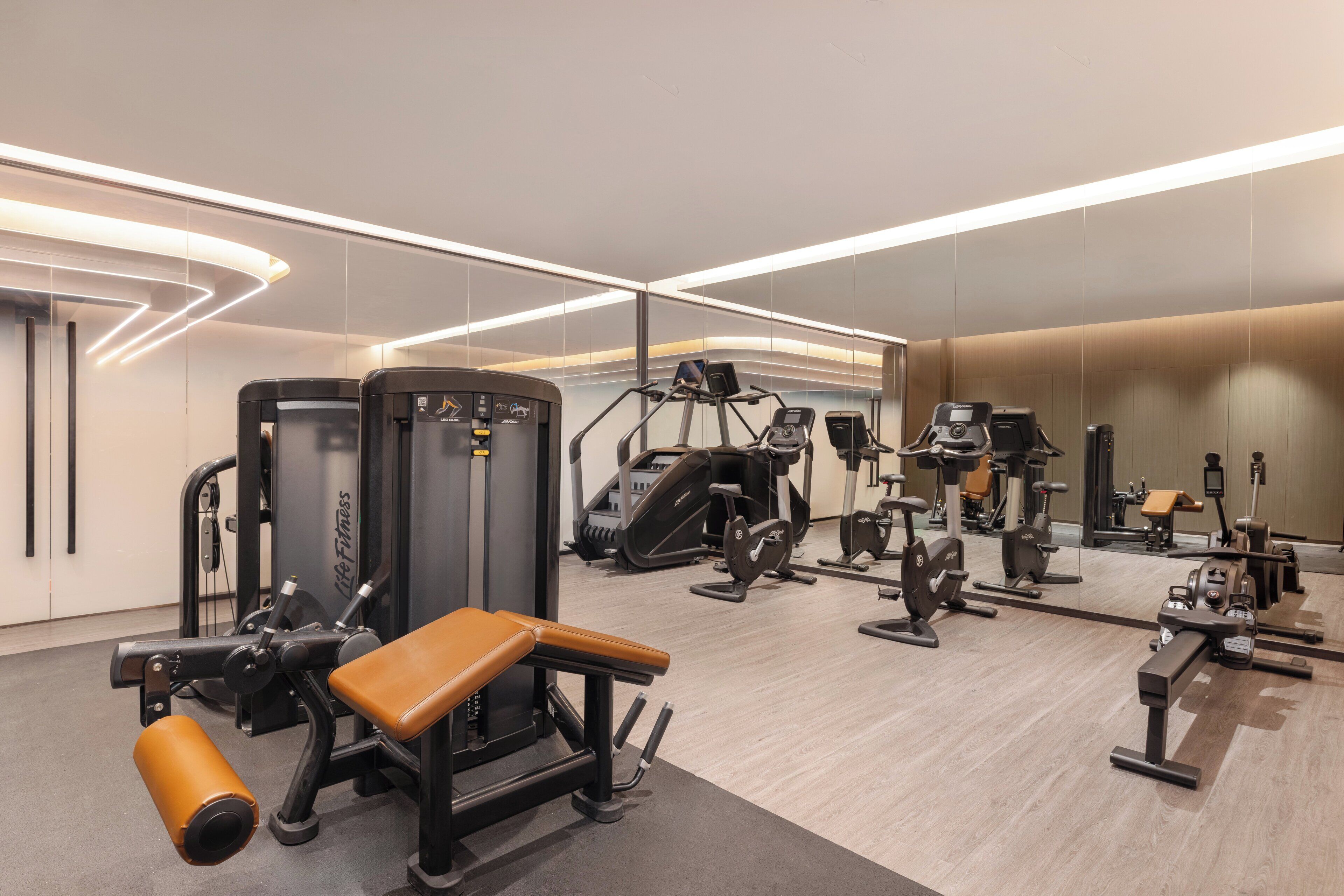 A modern gym with various exercise equipment, including a bench, weight machines, and cardio machines.