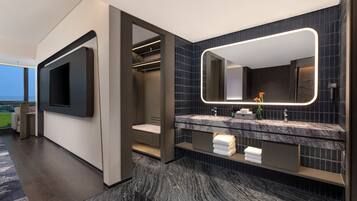 Premium Room, Multiple Beds, Lake View | Bathroom | Combined shower/tub, rainfall showerhead, hair dryer, bathrobes