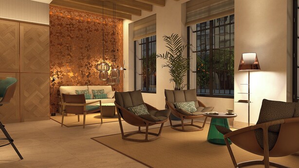 A modern living room with a sofa, two armchairs, a coffee table, and a floor lamp. - Casa Del Compositor, Vignette Collection by IHG (Jerez de la Frontera)