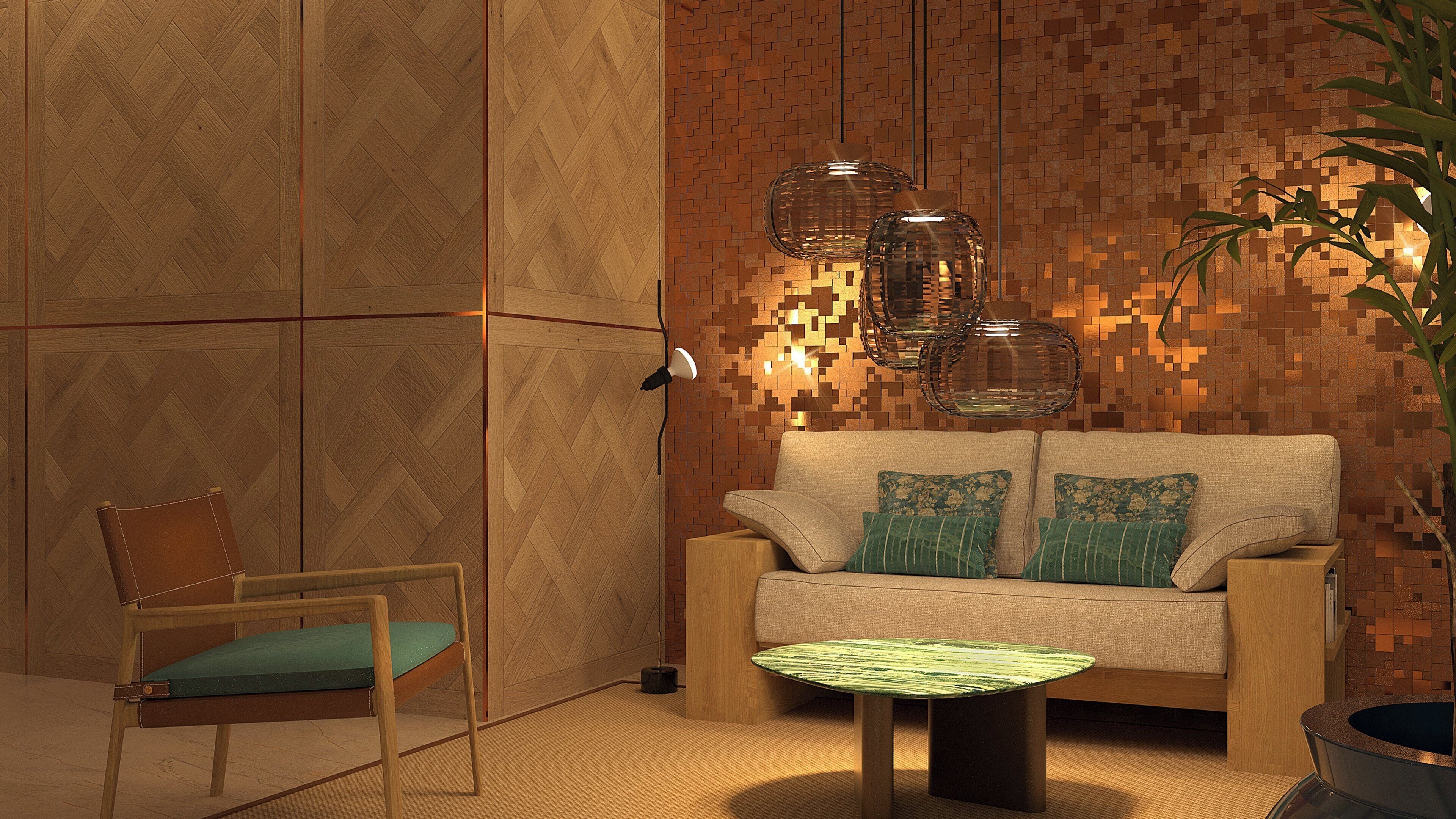 A modern living room with a herringbone-patterned wall, a sofa with green cushions, a wooden chair, and a small round table.