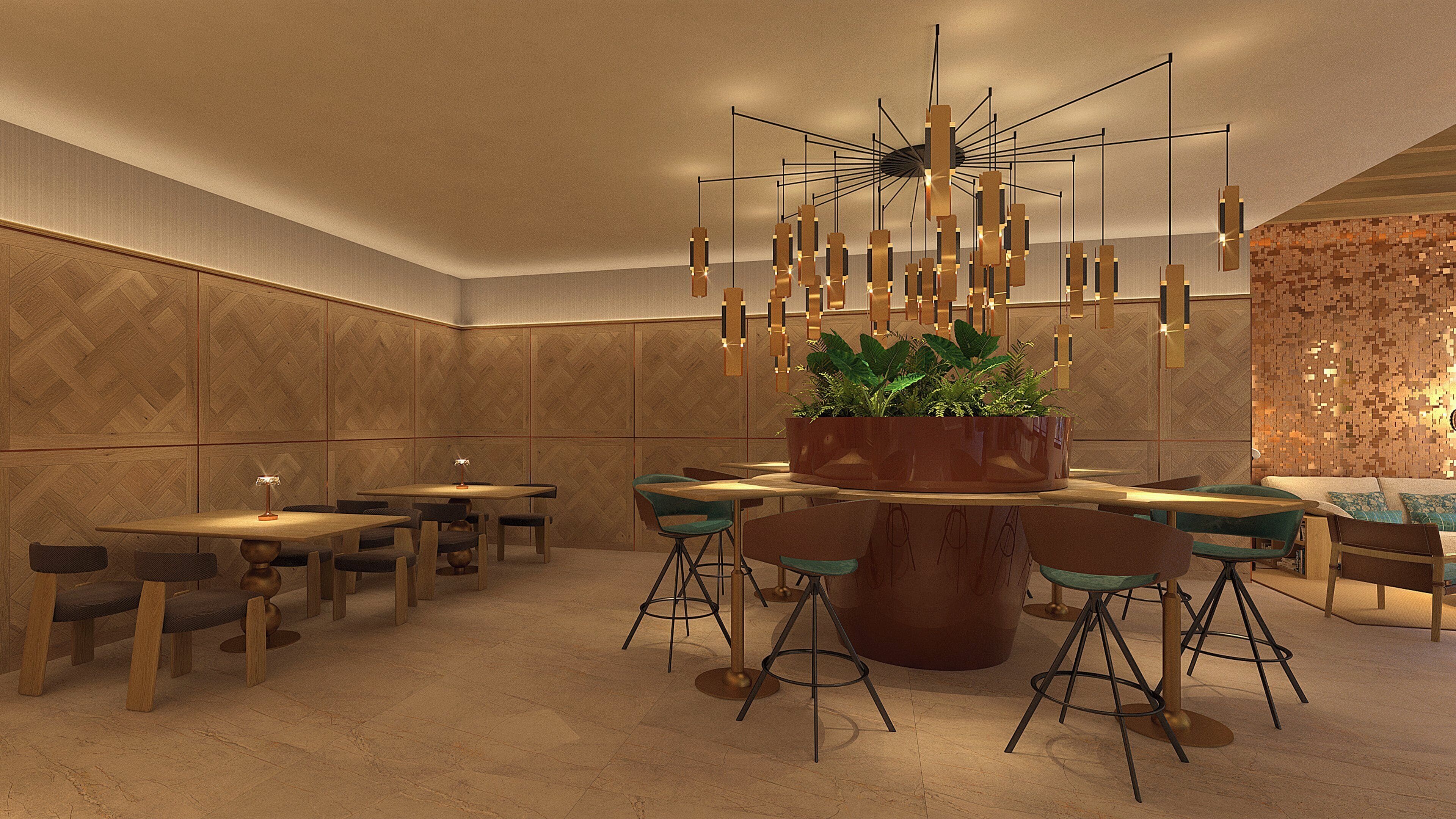 Un comedor moderno con mesas y sillas de madera, una planta central y una lámpara de techo original.