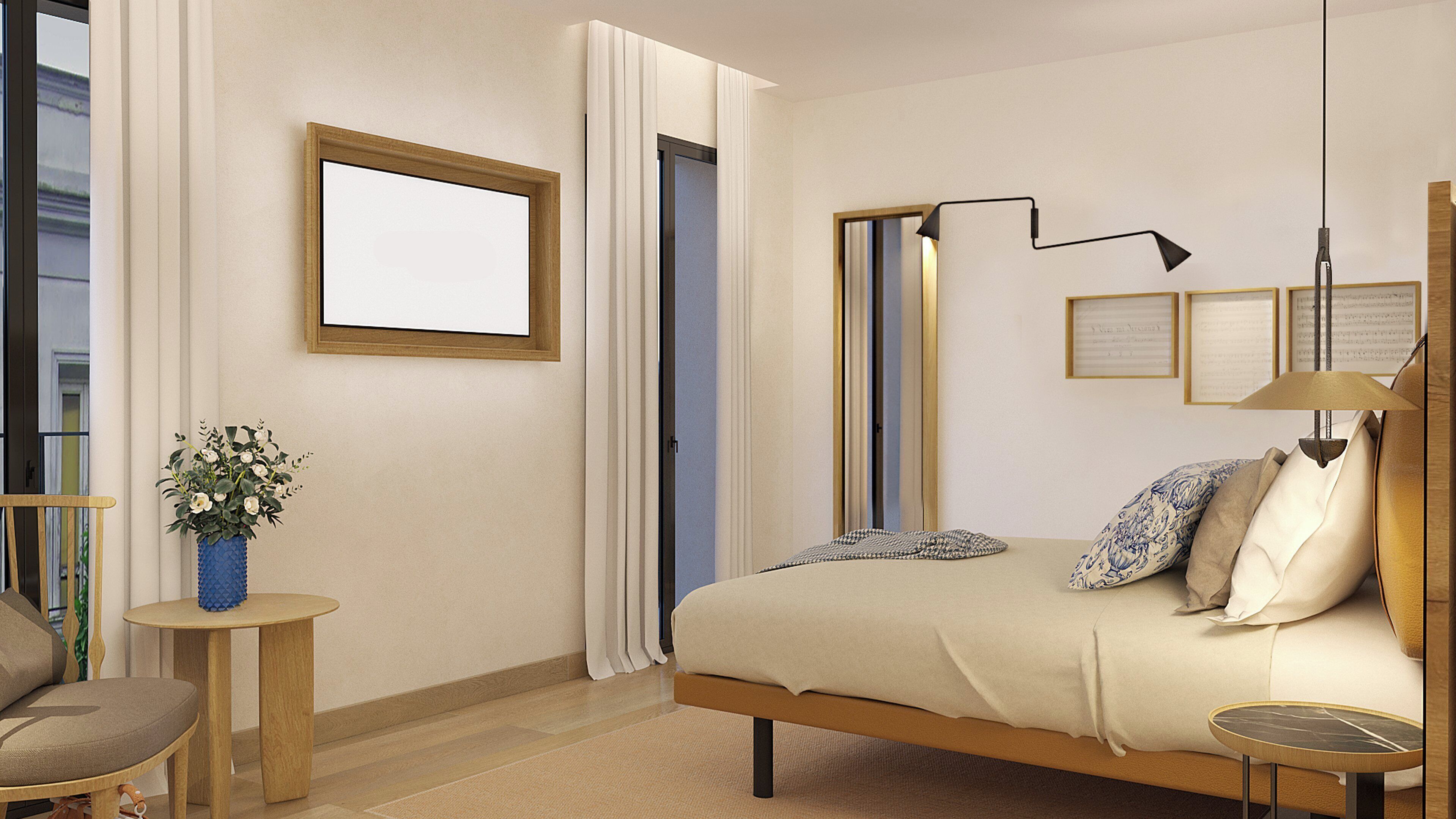 Une chambre à coucher moderne avec un lit, une table de chevet, une lampe et un tableau encadré au mur.