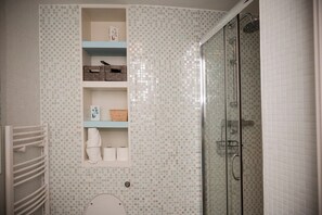 Hair dryer, towels, soap, toilet paper