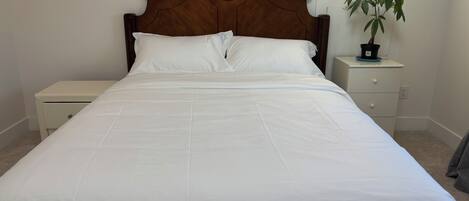 Una cama bien hecha con sábanas blancas, cabecera de madera y mesita de noche con lámpara y planta en maceta.