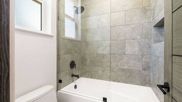 Hair dryer, towels, soap, shampoo