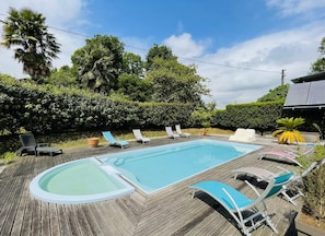 Une piscine rectangulaire dotée d’une terrasse en bois, entourée de chaises longues et de plantes en pot.