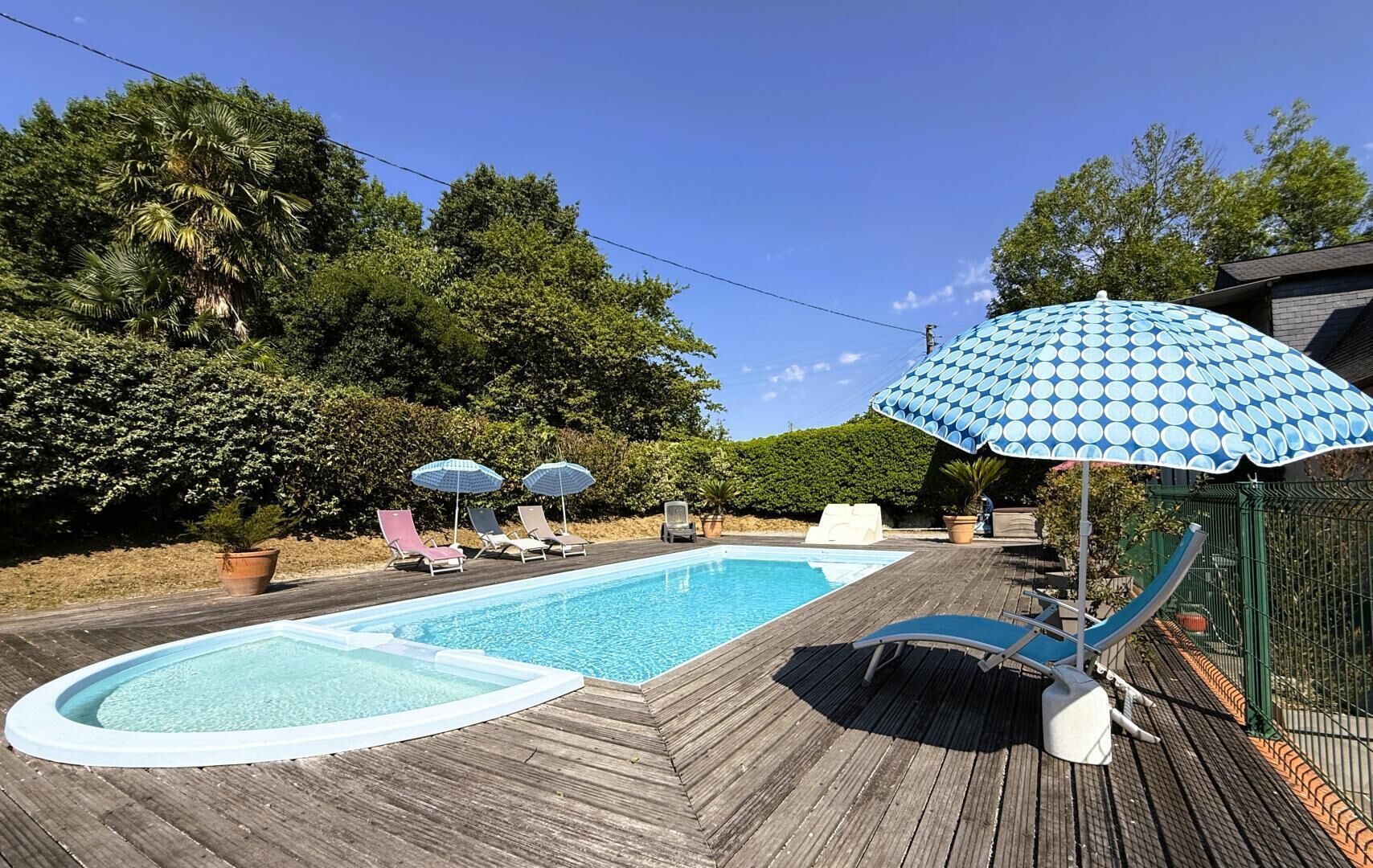Piscina con muelle de madera, rodeada de plantas en macetas y sombrillas.