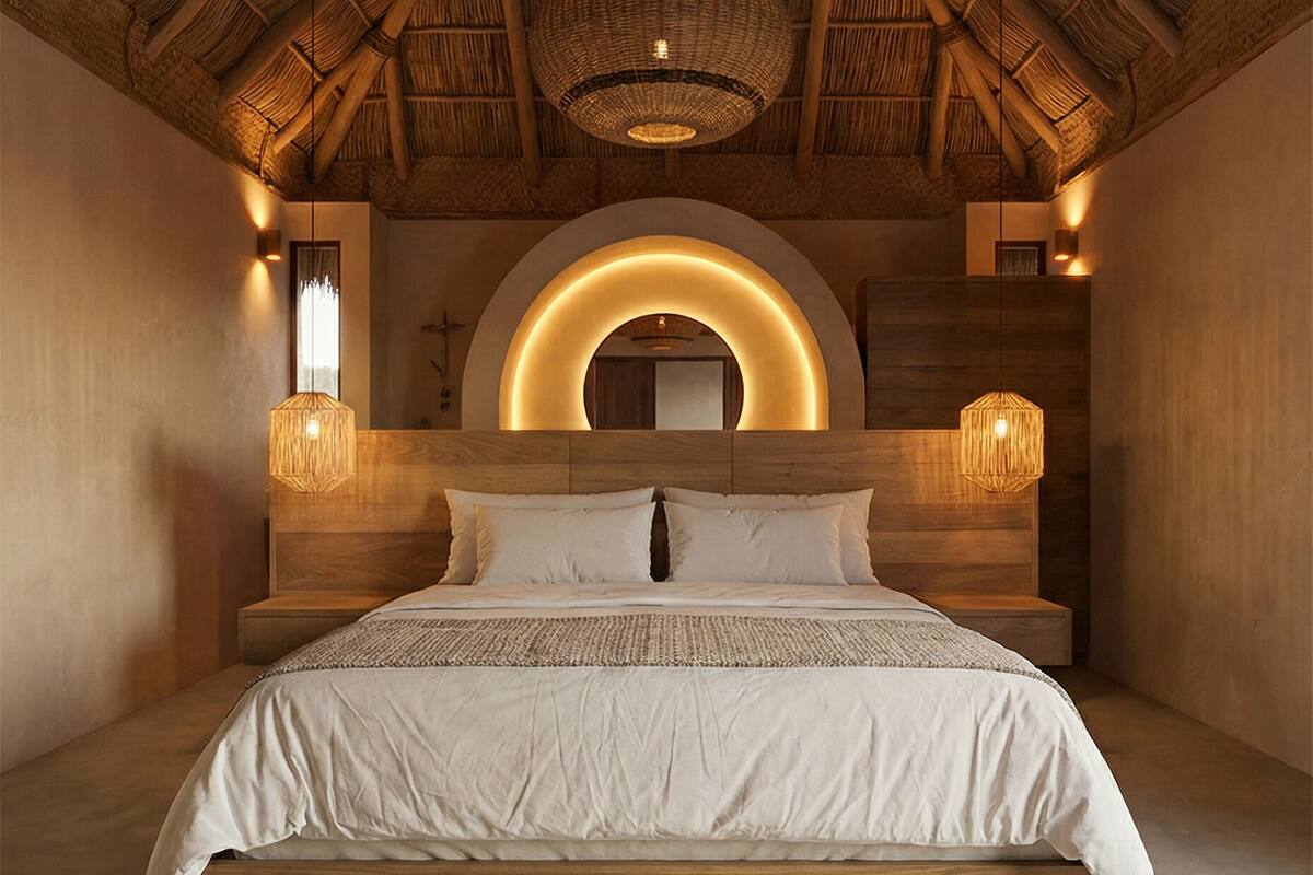 A bedroom with a large bed, wooden headboard, and a thatched ceiling.