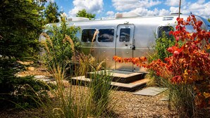 Un camping-car argenté est garé dans un jardin, sous un ciel dégagé.
