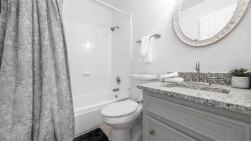 A bathroom with a shower, toilet, sink, and a mirror.