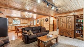 TV, fireplace, foosball, books