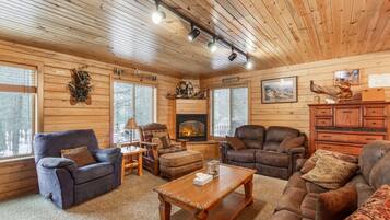 TV, fireplace, table football, books