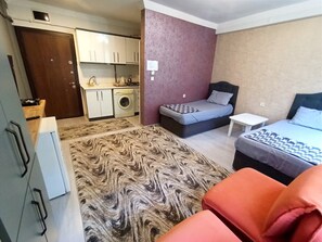 Une pièce de taille modeste comprenant un lit, une petite table, un canapé, un lave-linge et un coin cuisine.