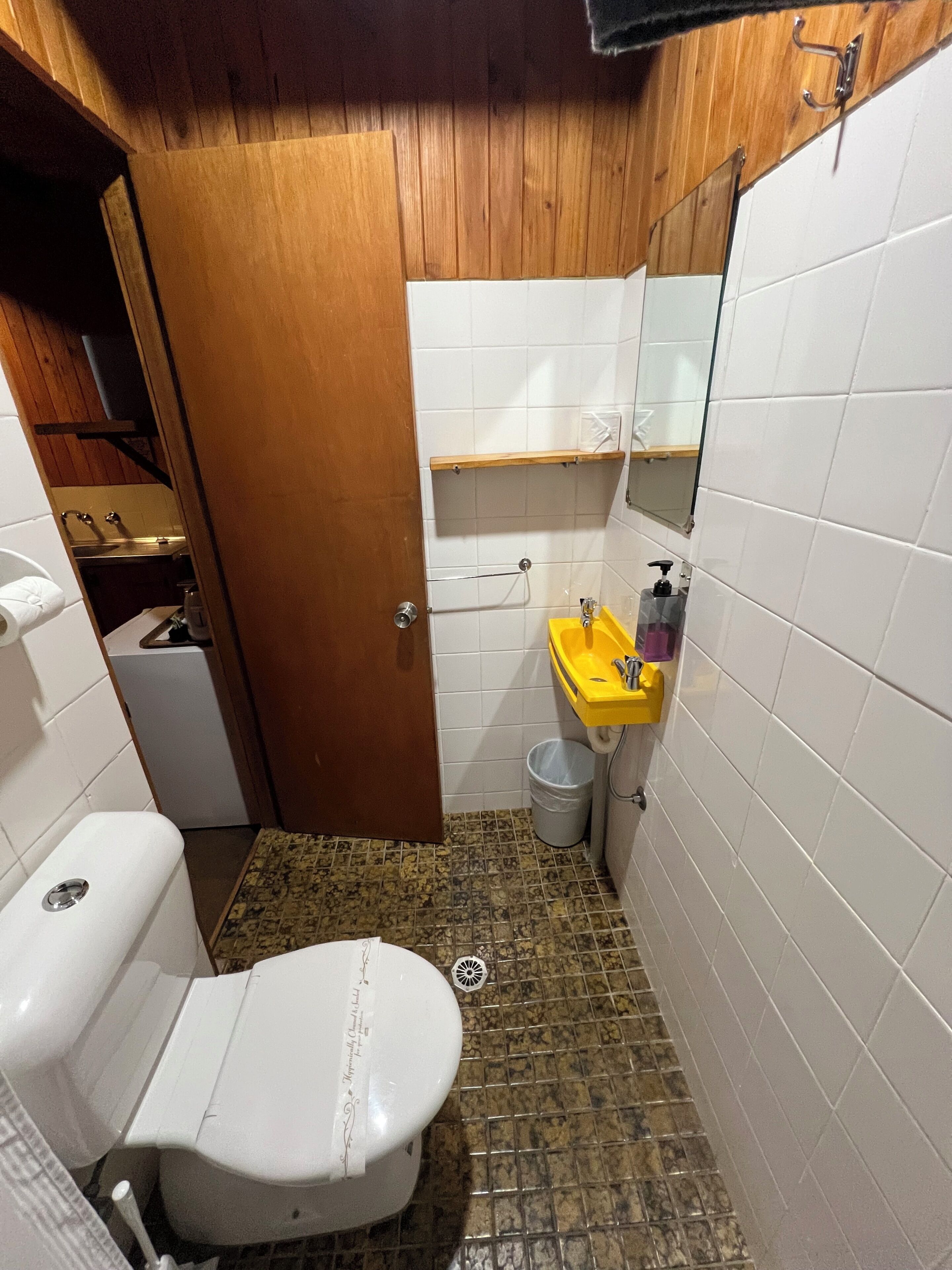 A small bathroom with a toilet, sink, and mirror.
