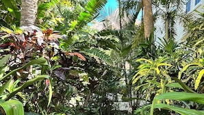 A paved garden pathway surrounded by lush greenery and various plants. - The Green Room - Serene Poolview Studio with Parking Spot and 24x7 Front Desk (Palm Beach)