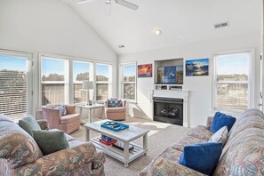 TV, fireplace - Sunny Lagoon | 2070 ft to the beach | Hot Tub and Dog Friendly (Duck)