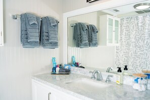 Sèche-cheveux, serviettes fournies, savon, papier toilette