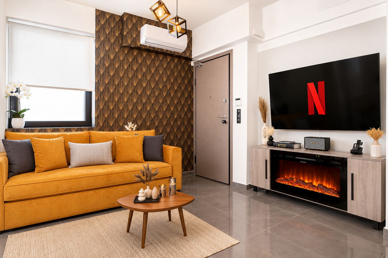TV, fireplace