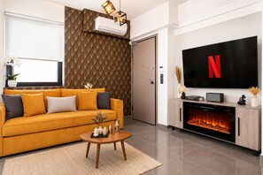 TV, fireplace - Iris One: Near Acropolis - New, Luxurious & Cozy (Athina)