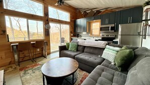 A modern log cabin interior with a large living area, a dining area, and a kitchen.