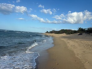 A beach with waves, sandy shore, and sparse vegetation. - Cozy 1-bedroom apartment in tranquil Isabela with AC (Isabela PR)
