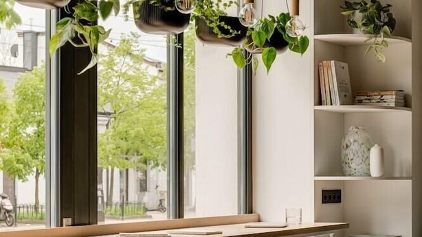 A modern kitchen with a wooden countertop, black bar stools, hanging plants, and a view of the street through large windows. - Plantonia Aparthotel (Kraków)