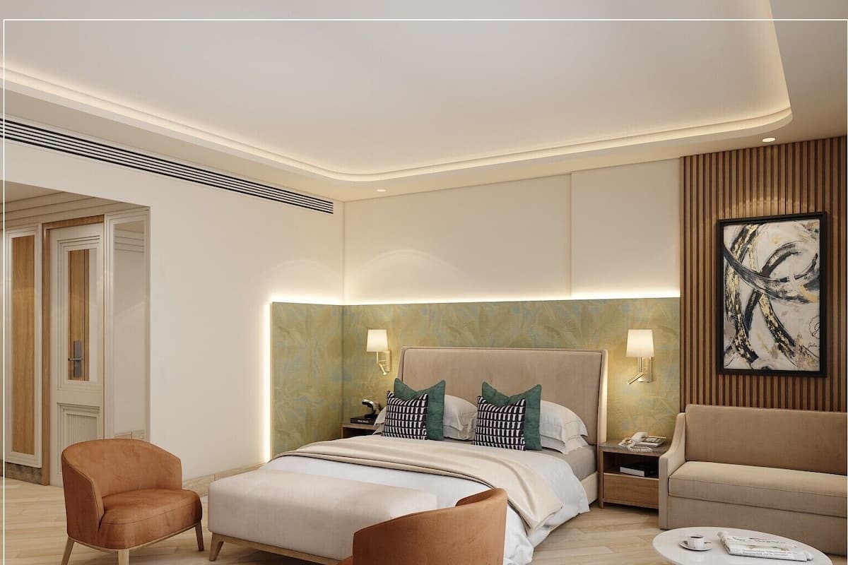Minibar, espacio para trabajar con laptop, wifi gratis y ropa de cama 